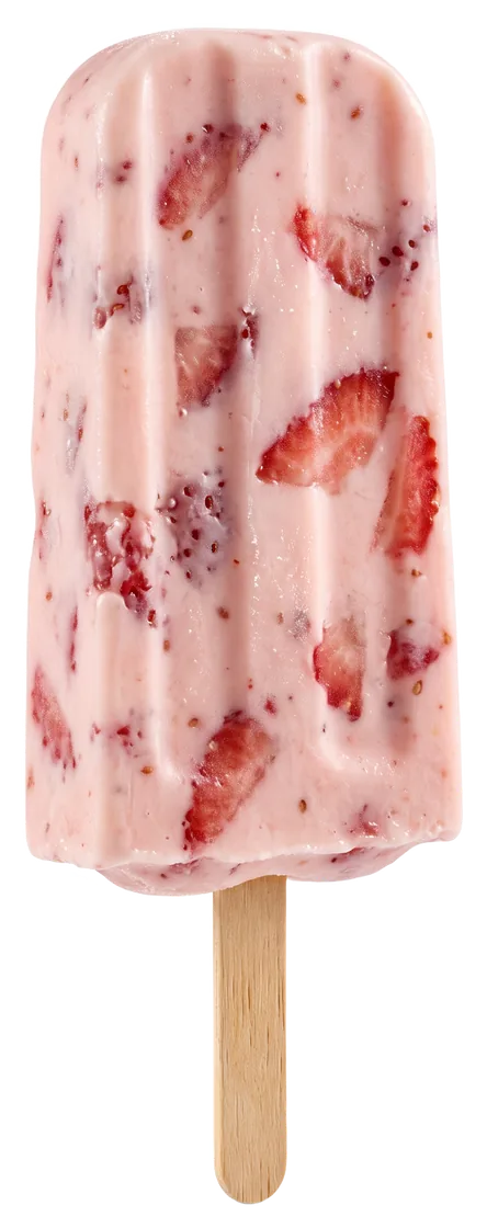 A strawberries and cream paleta full of strawberry pieces