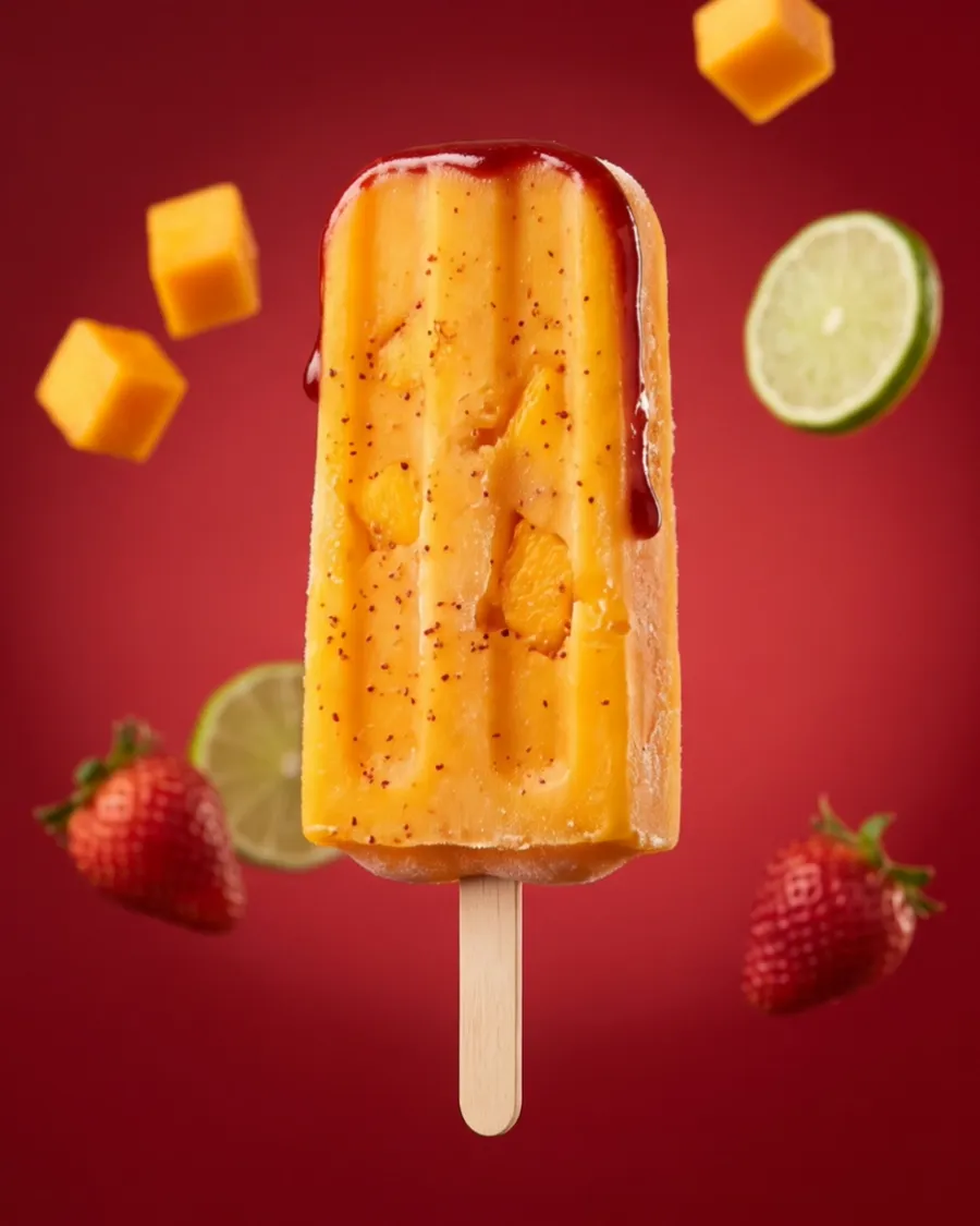 A mango con chile paleta with a drip of chamoy, surrounded by mango, lime and strawberries