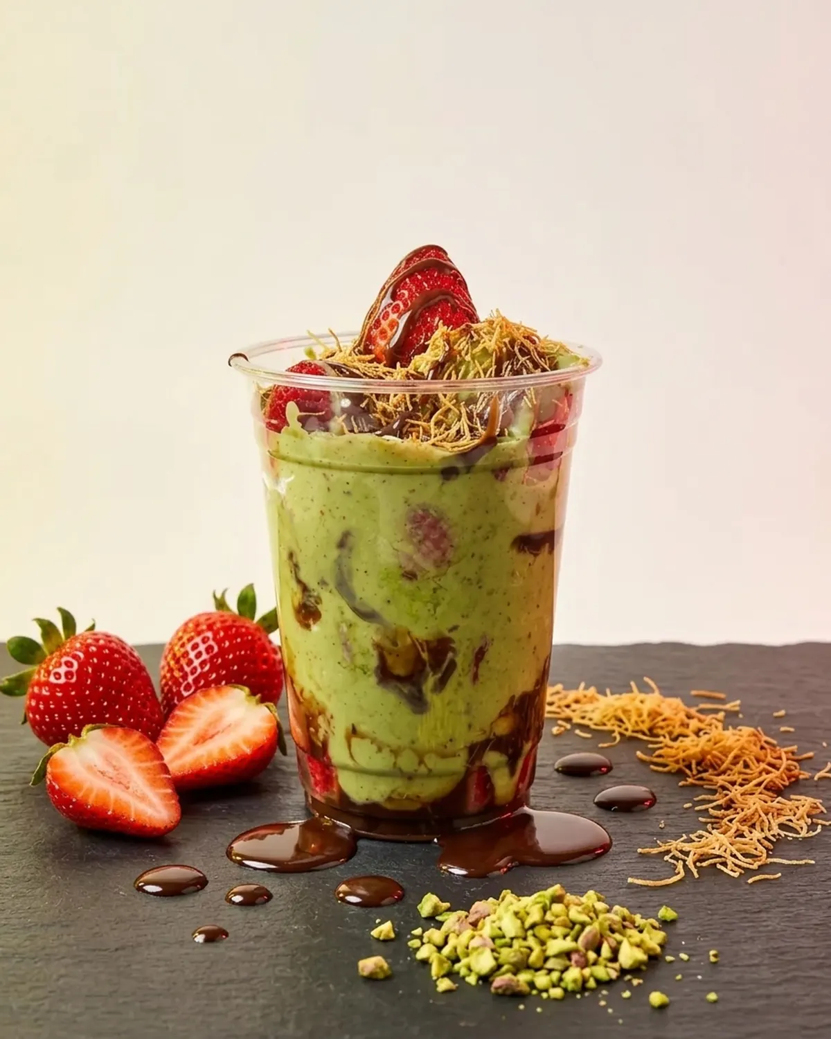 A Dubai strawberry cup with pistachio cream, chocolate and kataifi beside fresh strawberries