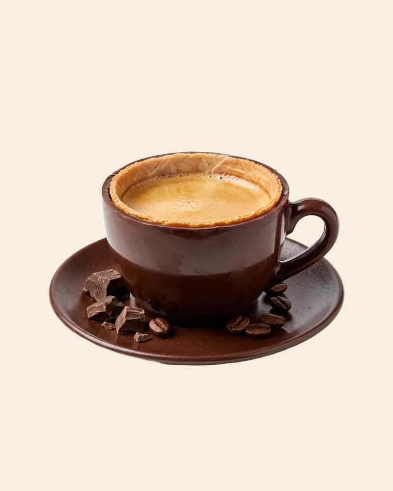 A chocolate cup filled with coffee on a chocolate saucer