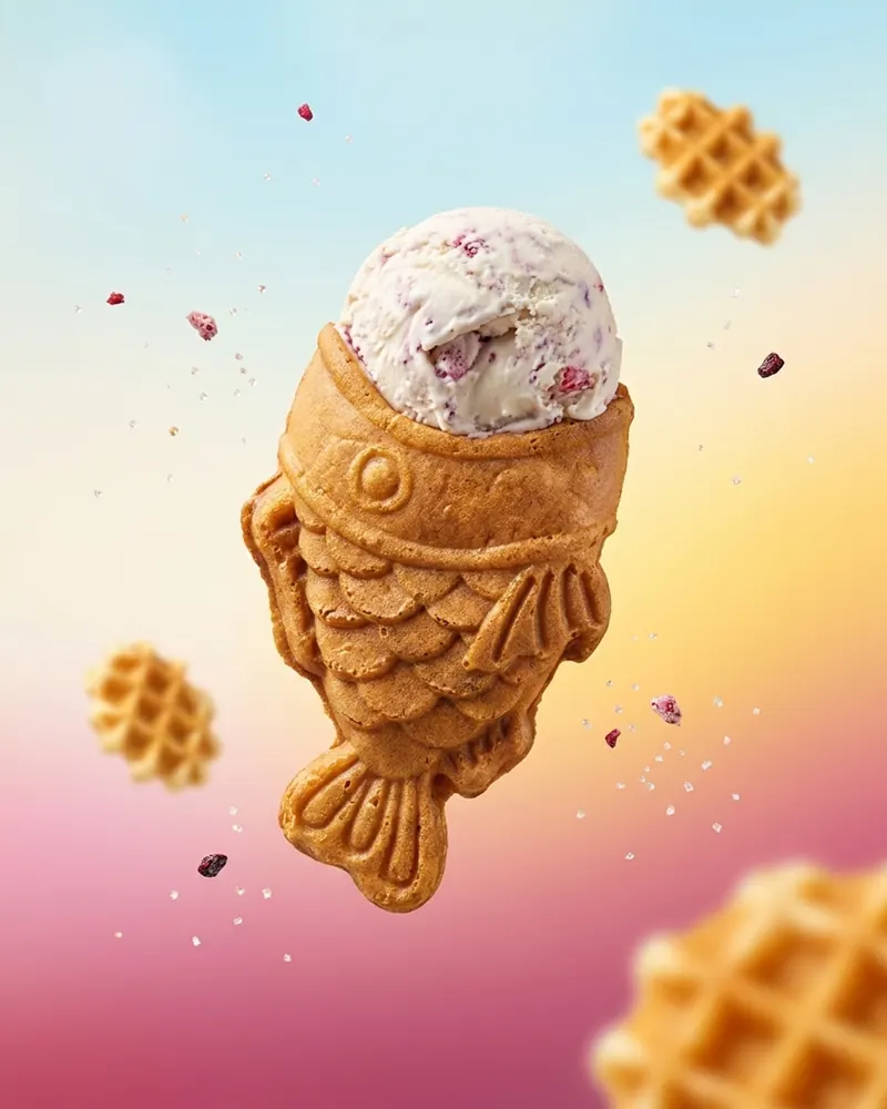 A fish-shaped waffle cone with strawberry ice cream floating among mini waffles