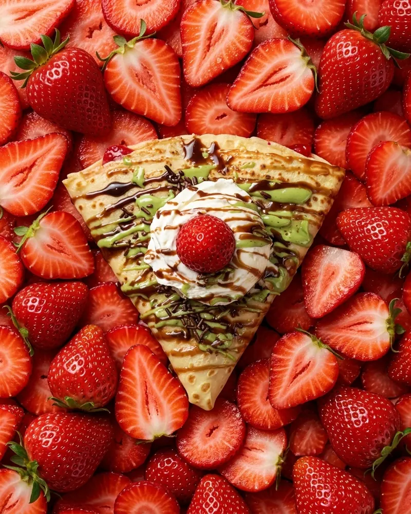 A pistachio crepe on a bed of strawberries