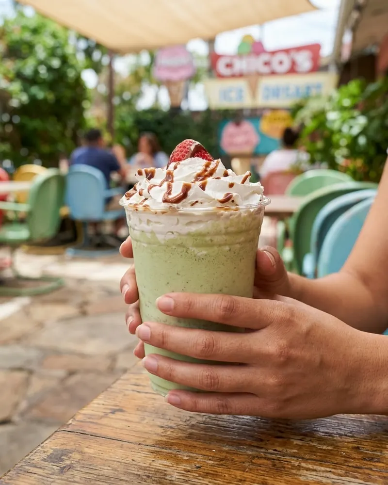 A pistachio frappe in front of red, green and yellow stripes